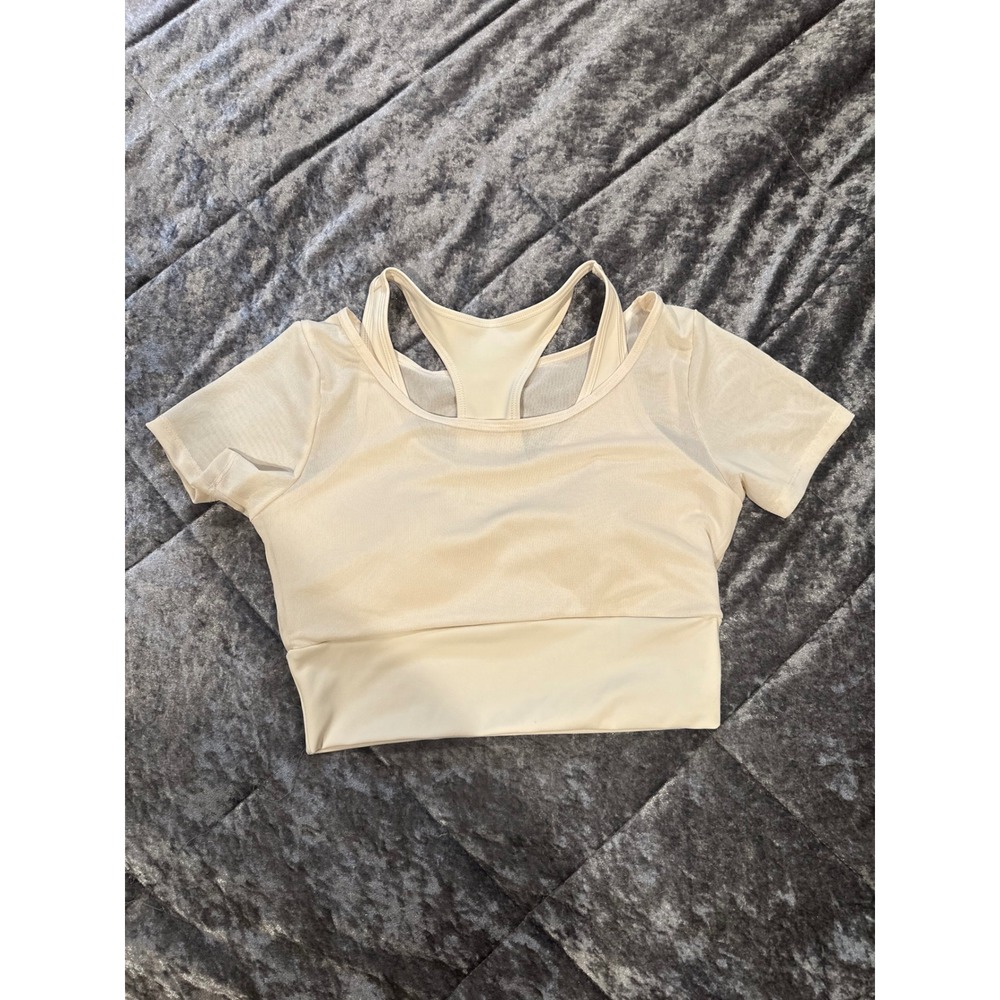 Unbranded Layered Mesh Active Crop Top Small Cream EUC